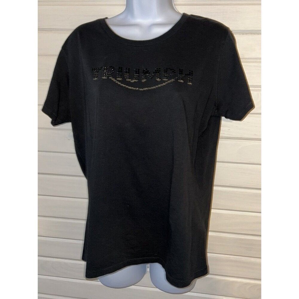 Triumph Motorcycles Sz 2L (XL) Black Jewel Shirt Cap Sleeve Casual Tee Women EUC